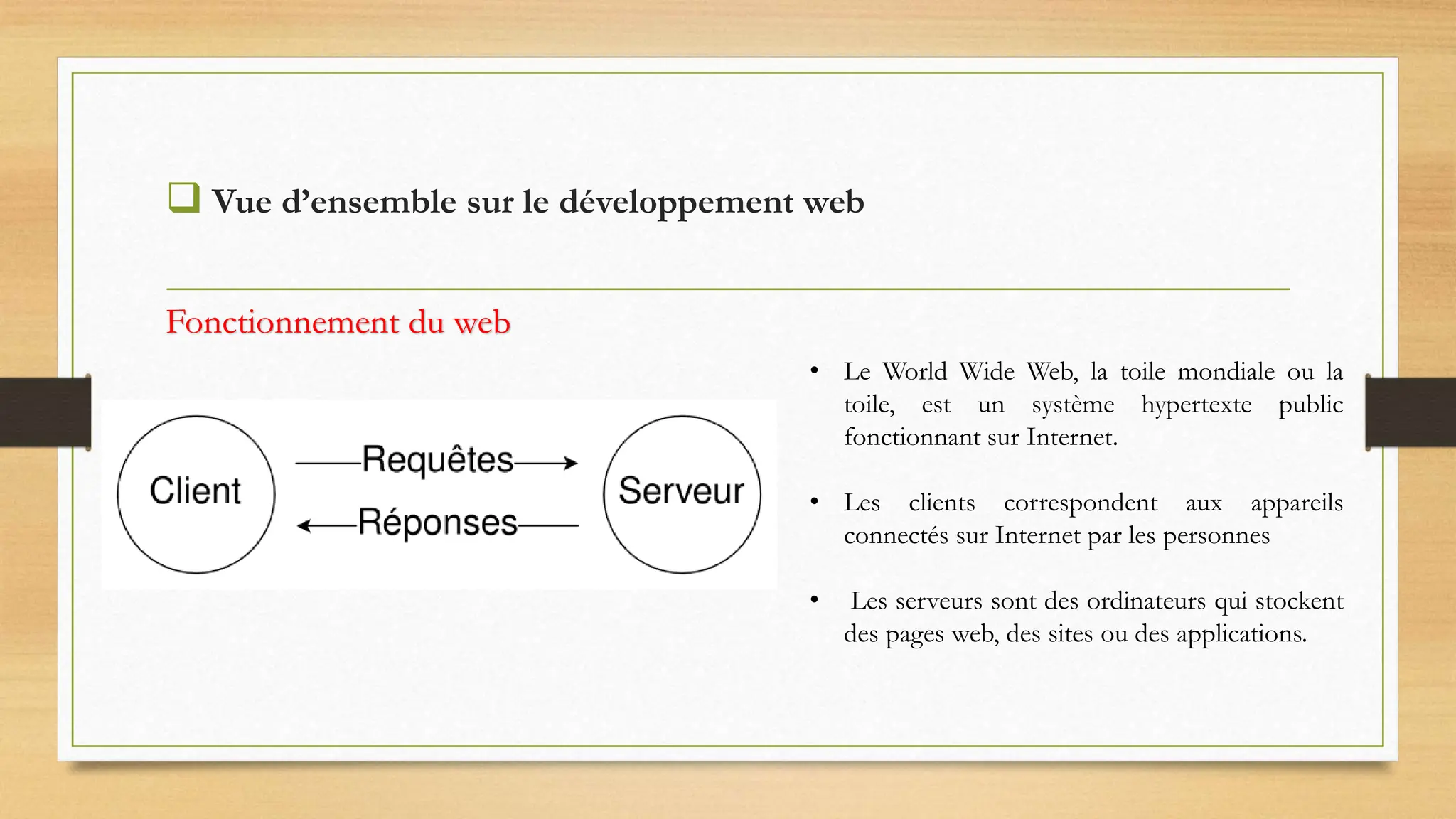  Vue d’ensemble sur le développement web
• Le World Wide Web, la toile mondiale ou la
toile, est un système hypertexte public
fonctionnant sur Internet.
• Les clients correspondent aux appareils
connectés sur Internet par les personnes
• Les serveurs sont des ordinateurs qui stockent
des pages web, des sites ou des applications.
Fonctionnement du web
 