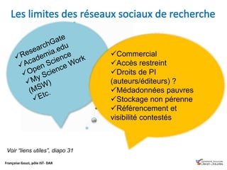 Françoise Gouzi, pôle IST- DAR
Commercial
Accès restreint
Droits de PI
(auteurs/éditeurs) ?
Médadonnées pauvres
Stockage non pérenne
Référencement et
visibilité contestés
Voir “liens utiles”, diapo 31
 