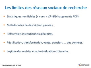 Françoise Gouzi, pôle IST- DAR
 Statistiques non fiables (« vues » VS téléchargements PDF).
 Métadonnées de description pauvres.
 Référentiels institutionnels aléatoires.
 Réutilisation, transformation, vente, transfert, … des données.
 Logique des metries et auto-évaluation croissante.
 