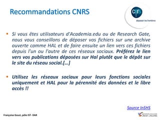 Françoise Gouzi, pôle IST- DAR
 Si vous êtes utilisateurs d'Academia.edu ou de Research Gate,
nous vous conseillons de déposer vos fichiers sur une archive
ouverte comme HAL et de faire ensuite un lien vers ces fichiers
depuis l'un ou l'autre de ces réseaux sociaux. Préférez le lien
vers vos publications déposées sur Hal plutôt que le dépôt sur
le site du réseau social.[…]
 Utilisez les réseaux sociaux pour leurs fonctions sociales
uniquement et HAL pour la pérennité des données et le libre
accès !!
Source InSHS
 
