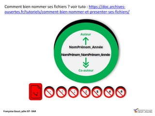 Françoise Gouzi, pôle IST- DAR
Comment bien nommer ses fichiers ? voir tuto : https://doc.archives-
ouvertes.fr/tutoriels/comment-bien-nommer-et-presenter-ses-fichiers/
 
