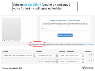 Françoise Gouzi, pôle IST- DAR
Faire un dépôt différé (ajouter un embargo à
votre fichier) --> politiques éditoriales.
 