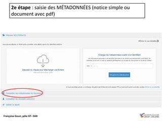Françoise Gouzi, pôle IST- DAR
2e étape : saisie des MÉTADONNÉES (notice simple ou
document avec pdf)
 