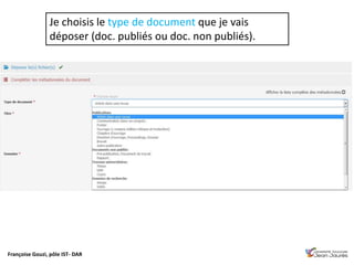 Françoise Gouzi, pôle IST- DAR
Je choisis le type de document que je vais
déposer (doc. publiés ou doc. non publiés).
 