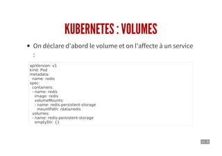 11 . 8
KUBERNETES : VOLUMES
On déclare d'abord le volume et on l'affecte à un service
:
apiVersion: v1
kind: Pod
metadata:
name: redis
spec:
containers:
- name: redis
image: redis
volumeMounts:
- name: redis-persistent-storage
mountPath: /data/redis
volumes:
- name: redis-persistent-storage
emptyDir: {}
 