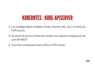 12 . 6
KUBERNTES : KUBE-APISERVER
Les configuration d'objets (Pods, Service, RC, etc.) se font via
l'API server
Un point d'accès à l'état du cluster aux autres composant via
une API REST
Tous les composant sont reliés à l'API server
 