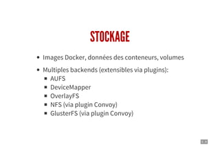 5 . 8
STOCKAGE
Images Docker, données des conteneurs, volumes
Multiples backends (extensibles via plugins):
AUFS
DeviceMapper
OverlayFS
NFS (via plugin Convoy)
GlusterFS (via plugin Convoy)
 