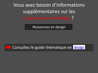 Vous avez besoin d’informations
   supplémentaires sur les
    ressources en design ?
          Ressources en design




Consultez le guide thématique en design
 