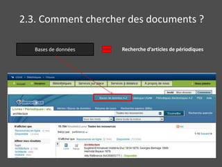 2.3. Comment chercher des documents ?

   Bases de données   Recherche d’articles de périodiques
 