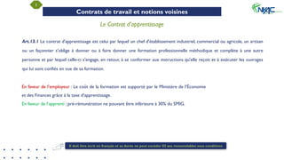 1
Contrats de travail et notions voisines
Le Contrat d’apprentissage
Art.13.1 Le contrat d'apprentissage est celui par lequel un chef d'établissement industriel, commercial ou agricole, un artisan
ou un façonnier s'oblige à donner ou à faire donner une formation professionnelle méthodique et complète à une autre
personne et par lequel celle-ci s'engage, en retour, à se conformer aux instructions qu'elle reçoit et à exécuter les ouvrages
qui lui sont confiés en vue de sa formation.
En faveur de l’employeur : Le coût de la formation est supporté par le Ministère de l’Économie
et des Finances grâce à la taxe d’apprentissage.
En faveur de l’apprenti : pré-rémunération ne pouvant être inférieure à 30% du SMIG.
Il doit être écrit en français et sa durée ne peut excéder 03 ans renouvelables sous conditions
 