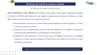 1
Contrats de travail et notions voisines
Le Contrat de travail à temps partiel
Décret N°96-202 du 7 mars 1996-Art.1 Est considéré comme travail à temps partiel en application de l'article
21.2, alinéa 3 du CDT, le travail effectué de façon régulière et volontaire dont la durée est inférieure ou au plus
égale à trente heures par semaine ou cent vingt heures par mois.
 Avant l'institution ou le recours au travail à temps partiel, l'employeur en informe l'inspecteur du Travail
et des Lois sociales de son ressort ;
 Constitue une heure complémentaire toute heure de travail effectuée par le travailleur à temps partiel
au-delà de la limite hebdomadaire ou mensuelle fixée à l’article premier ;
 L'employeur est tenu d'informer, au moins une fois par an, les délégués du personnel et les délégués
syndicaux s'il en existe ; ainsi que l'inspecteur du Travail et des Lois sociales de son ressort sur le bilan
de l'emploi à temps partiel.
A défaut d’être écrit, il est réputé être un contrat de travail à temps plein et à durée indéterminée
 