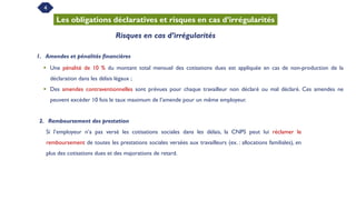 4
Les obligations déclaratives et risques en cas d’irrégularités
Risques en cas d’irrégularités
1. Amendes et pénalités financières
 Une pénalité de 10 % du montant total mensuel des cotisations dues est appliquée en cas de non-production de la
déclaration dans les délais légaux ;
 Des amendes contraventionnelles sont prévues pour chaque travailleur non déclaré ou mal déclaré. Ces amendes ne
peuvent excéder 10 fois le taux maximum de l’amende pour un même employeur.
2. Remboursement des prestation
Si l’employeur n’a pas versé les cotisations sociales dans les délais, la CNPS peut lui réclamer le
remboursement de toutes les prestations sociales versées aux travailleurs (ex. : allocations familiales), en
plus des cotisations dues et des majorations de retard.
 