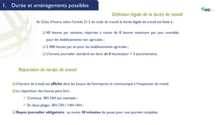 1. Durée et aménagements possibles
Définition légale de la durée de travail
En Côte d’Ivoire, selon l’article 21.2 du code du travail, la durée légale de travail est fixée à :
 40 heures par semaine, réparties à raison de 8 heures maximum par jour ouvrable,
pour les établissements non agricoles ;
 2 400 heures par an pour les établissements agricoles ;
 L’horaire journalier standard est donc de 8 heures/jour × 5 jours/semaine.
Répartition du temps de travail
 L’horaire de travail est affiché dans les locaux de l’entreprise et communiqué à l’inspection du travail.
 La répartition des heures peut être :
 Continue : 8H-16H par exemple ;
 En deux plages : 8H-12H / 14H-16H ;
 Repos journalier obligatoire : au moins 30 minutes de pause pour une journée complète.
 