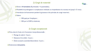 2) Congé de maternité
 Droit à 14 semaines (8 prénatales + 6 postnatales) ;
 Possibilité de prolongation si complications médicales ou hospitalisation du nouveau-né (jusqu’à 12 mois) ;
 Interdiction de licenciement pendant la grossesse et les périodes de congé maternité ;
 Salaire
 50% payé par l’employeur ;
 50% par la CNPS (si déclarée)
3) Congés exceptionnels
 Prévu dans le Code et la Convention interprofessionnelle :
 Mariage du salarié : 4 jours ;
 Naissance d’un enfant : 2 jours ;
 Décès (conjoint, ascendant/descendant) : 5 jours ;
 Entièrement rémunérés.
 