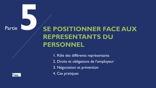 SE POSITIONNER FACE AUX
REPRESENTANTS DU
PERSONNEL
Partie
1. Rôle des différents représentants
2. Droits et obligations de l’employeur
3. Négociation et prévention
4. Cas pratiques
 