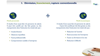 I. Démission, licenciement, rupture conventionnelle
Motifs personnels
Il résulte d'une cause liée à la personne du salarié.
Il peut être justifié par des faits graves ou des
manquements dans l'exécution du travail, tels que :
Motifs économiques
Il résulte d'une cause liée à la personne du salarié.
Il peut être justifié par des faits graves ou des
manquements dans l'exécution du travail, tels que :
 Insubordination
 Absences injustifiées
 Faute professionnelle
 Comportement nuisible à l’entreprise
 Réduction de l’activité
 Restructuration de l’entreprise
 Fusion ou fermeture d’un site
 Réduction d’effectifs
 