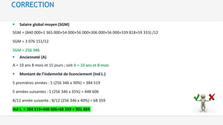  Salaire global moyen (SGM)
SGM = (840 000+1 365 000+54 000+56 000+306 000+56 000+339 818+59 333) /12
SGM = 3 076 151/12
SGM = 256 346
 Ancienneté (A)
A = 10 ans 8 mois et 15 jours ; soit A = 10 ans et 8 mois
 Montant de l’indemnité de licenciement (Ind L.)
5 premières années : 5 (256 346 x 30%) = 384 519
5 années suivantes : 5 (256 346 x 35%) = 448 606
8/12 année suivante : 8/12 (256 346 x 40%) = 68 359
Ind L. = 384 519+448 606+68 359 = 901 484
CORRECTION
 