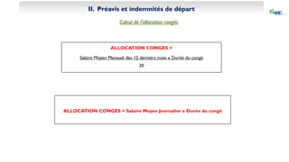 II. Préavis et indemnités de départ
Calcul de l’allocation congés
ALLOCATION CONGES =
Salaire Moyen Mensuel des 12 derniers mois x Durée du congé
30
ALLOCATION CONGES = Salaire Moyen Journalier x Durée du congé
 