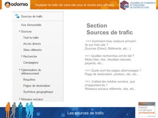 Analyser le trafic de votre site pour le rendre plus efficace




                                       Section
                                       Sources de trafic
                                       ==> Comment mes visiteurs arrivent-
                                      ils sur mon site ?
                                      Sources (Direct, Référents, etc...)

                                      ==> Quelles recherches ont-ils fait ?
                                      Mots-Clés, nbs, résultats naturels,
                                      payants, etc...

                                      ==> Quels sont les pages atterrissages ?
                                      Page de destination, position, clic, etc...

                                      ==> J'utilise les médias sociaux, que
                                      m'apportent-ils ?
                                      Réseaux sociaux référents, nbs, etc...




                        Les sources de trafic
 