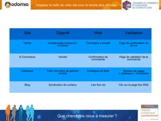 Analyser le trafic de votre site pour le rendre plus efficace




  Site                      Objectif                     Web                      Validation

  Vitrine            Coordonnées prospects /       Formulaire à remplir      Page de confirmation de
                            Contacts                                                 l'envoi



E-Commerce                   Vendre                  Confirmation de         Page de validation de la
                                                       commande                   commande



 Catalogue           Faire connaître sa gamme      Catalogue en ligne           Nombre de pages
                              produit                                        « catalogue » consultées



   Blog               Syndication de contenu           Lien flux rss         Clic sur la page flux RSS




                             Que cherchons nous à mesurer ?
 