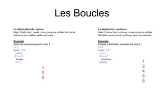 Les Boucles
La déclaration continue
Avec l'instruction continue, nous pouvons arrêter
l'itération en cours et continuer avec la suivante :
Exemple
Passez à l'itération suivante si i vaut 3 :
i = 0
while i < 6:
i += 1
if i == 3:
continue
print(i)
La déclaration de rupture
Avec l'instruction break, nous pouvons arrêter la boucle
même si la condition while est vraie :
Exemple
Sortir de la boucle quand i vaut 3 :
i = 1
while i < 6:
print(i)
if i == 3:
break
i += 1
1
2
3
1
2
4
5
6
 