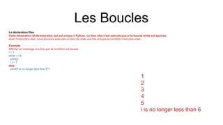 Les Boucles
La déclaration Else
Cette déclaration while-loop-else, qui est unique à Python. Le bloc else n'est exécuté que si la boucle while est épuisée.
Avec l'instruction else, nous pouvons exécuter un bloc de code une fois lorsque la condition n'est plus vraie :
Exemple
Afficher un message une fois que la condition est fausse :
i = 1
while i < 6:
print(i)
i += 1
else:
print("i is no longer less than 6")
1
2
3
4
5
i is no longer less than 6
 