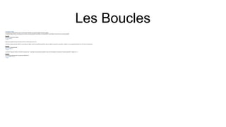 Les Boucles
La fonction range()
Pour parcourirun ensemblede code un nombre de fois spécifié, nous pouvons utiliser la fonction range(),
La fonction range() renvoie une séquence de nombres, commençant par 0 par défaut, et incrémentée de 1 (par défaut), et se termine à un nombre spécifié.
Exemple
Utilisation de lafonction range() :
for x in range(6):
print(x)
Notez que range(6) n'est pas les valeurs de 0 à 6, mais les valeurs de 0 à 5.
La fonction range() prend par défaut 0 comme valeur de départ, mais il est possible de spécifierla valeur de départ en ajoutant un paramètre : range(2, 6), ce qui signifie des valeurs de 2 à 6 (mais n'incluant pas 6) :
Exemple
Utilisation du paramètre start :
for x in range(2, 6):
print(x)
La fonction range() par défaut incrémente la séquence de 1, cependant il est possiblede spécifier la valeur d'incrémentation en ajoutant un troisième paramètre : range(2, 30, 3 ) :
Exemple
Incrémentez la séquencede 3 (la valeur par défaut est 1) :
for x in range(2, 30, 3):
print(x)
 