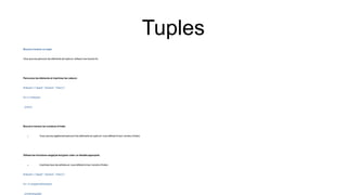 Boucle à travers un tuple
Vous pouvez parcourir les éléments de tuple en utilisant une boucle for.
Parcourez les éléments et imprimez les valeurs :
thistuple = ("apple", "banana", "cherry")
for x in thistuple:
print(x)
Boucle à travers les numéros d'index
 Vous pouvez également parcourir les éléments du tuple en vous référant à leur numéro d'index.
Utilisez les fonctions range()et len()pour créer un itérable approprié.
 Imprimez tous les articles en vous référant à leur numéro d'index :
thistuple = ("apple", "banana", "cherry")
for i in range(len(thistuple)):
print(thistuple[i])
Tuples
 