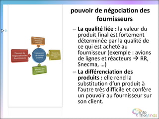 pouvoir de négociation des
            fournisseurs
3   – La qualité liée : la valeur du
      produit final est fortement
      déterminée par la qualité de
      ce qui est acheté au
      fournisseur (exemple : avions
      de lignes et réacteurs  RR,
      Snecma, …)
    – La différenciation des
      produits : elle rend la
      substitution d’un produit à
      l’autre très difficile et confère
      un pouvoir au fournisseur sur
      son client.
 