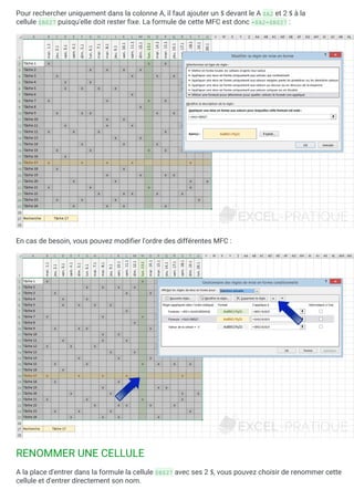 Pour rechercher uniquement dans la colonne A, il faut ajouter un $ devant le A $A2 et 2 $ à la
cellule $B$27 puisqu'elle doit rester fixe. La formule de cette MFC est donc =$A2=$B$27 :
En cas de besoin, vous pouvez modifier l'ordre des différentes MFC :
RENOMMER UNE CELLULE
A la place d'entrer dans la formule la cellule $B$27 avec ses 2 $, vous pouvez choisir de renommer cette
cellule et d'entrer directement son nom.
 