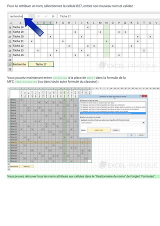 Pour lui attribuer un nom, sélectionnez la cellule B27, entrez son nouveau nom et validez :
Vous pouvez maintenant entrer recherche à la place de $B$27 dans la formule de la
MFC =$A2=recherche (ou dans toute autre formule du classeur) :
Vous pouvez retrouver tous les noms attribués aux cellules dans le "Gestionnaire de noms" de l'onglet "Formules".
 
