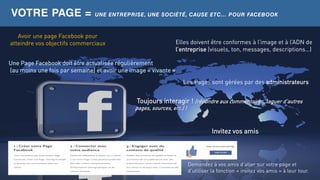Les Pages sont gérées par des administrateurs
VOTRE PAGE = UNE ENTREPRISE, UNE SOCIÉTÉ, CAUSE ETC… POUR FACEBOOK
Demandez à vos amis d’aller sur votre page et
d’utiliser la fonction « invitez vos amis » à leur tour.
Elles doivent être conformes à l’image et à l’ADN de
l’entreprise (visuels, ton, messages, descriptions…)
Une Page Facebook doit être actualisée régulièrement
(au moins une fois par semaine) et avoir une image « vivante ».
Toujours interagir ! (répondre aux commentaires, taguer d’autres
pages, sources, etc.) !
Invitez vos amis
Avoir une page Facebook pour
atteindre vos objectifs commerciaux
 