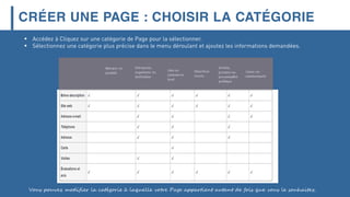 CRÉER UNE PAGE : CHOISIR LA CATÉGORIE
 Accédez à Cliquez sur une catégorie de Page pour la sélectionner.
 Sélectionnez une catégorie plus précise dans le menu déroulant et ajoutez les informations demandées.
Vous pouvez modifier la catégorie à laquelle votre Page appartient autant de fois que vous le souhaitez.
 