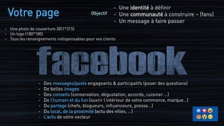 - Une identité à définir
- Une communauté à construire – (fans)
- Un message à faire passer
Objectif
- Une photo de couverture (851*315)
- Un logo (180*180)
- Tous les renseignements indispensables pour vos clients
Votre page
- Des messages/posts engageants & participatifs (poser des questions)
- De belles images
- Des conseils (conservation, dégustation, accords, cuisiner….)
- De l’humain et du fun (ouvrir l’intérieur de votre commerce, marque…)
- Du partage (chefs, blogueurs, influenceurs, presse…)
- Du local, de la proximité (actu des villes, …)
- L’actu de votre secteur
 