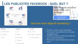 LES PUBLICITÉS FACEBOOK : QUEL BUT ?
 Plus de « j’aime » pour votre page
 Promouvoir les publications de la page
(engagements)
 Générer du trafic et créer de l’audience
pour votre site internet…
 Promouvoir votre entreprise au niveau
local….
Quel est votre objectif marketing ?
 