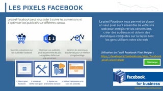 LES PIXELS FACEBOOK
www.facebook.com/business/
Utilisation de l’outil Facebook Pixel Helper :
https://developers.facebook.com/docs/facebook
-pixel/pixel-helper
Le pixel Facebook vous permet de placer
un seul pixel sur l’ensemble de votre site
web pour enregistrer les conversions,
créer des audiences et obtenir des
statistiques complètes sur la façon dont
les gens utilisent votre site web
 