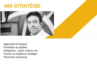 MA STRATÉGIE

Apprendre le français
Formation au Québec
Intégration… sport, culture, etc.
Trouver un emploi en stratégie
Personnes ressources

 