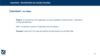 19
ANALYSER - RECHERCHER LES CAUSES RACINES
Piège 3 : En cas d’erreur d’un opérateur, la cause profonde ne doit pas être : l’opérateur
n’a pas fait attention.
Mais « le système a permis à l’opérateur de se tromper »
Pourquoi : parce qu’il n’y a pas de système de détrompeur ou de Poka Yoke
5 pourquoi : Les pièges
 