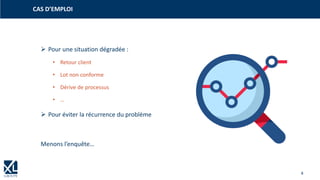 4
➢ Pour une situation dégradée :
• Retour client
• Lot non conforme
• Dérive de processus
• …
➢ Pour éviter la récurrence du problème
Menons l’enquête…
CAS D’EMPLOI
 