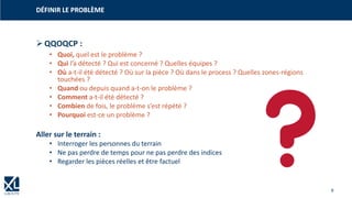 9
➢QQOQCP :
• Quoi, quel est le problème ?
• Qui l’a détecté ? Qui est concerné ? Quelles équipes ?
• Où a-t-il été détecté ? Où sur la pièce ? Où dans le process ? Quelles zones-régions
touchées ?
• Quand ou depuis quand a-t-on le problème ?
• Comment a-t-il été détecté ?
• Combien de fois, le problème s’est répété ?
• Pourquoi est-ce un problème ?
Aller sur le terrain :
• Interroger les personnes du terrain
• Ne pas perdre de temps pour ne pas perdre des indices
• Regarder les pièces réelles et être factuel
DÉFINIR LE PROBLÈMEDÉFINIR LE PROBLÈME
 