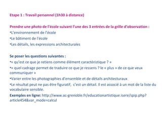 Etape 1 : Travail personnel (1h30 à distance) 
Prendre une photo de l’école suivant l’une des 3 entrées de la grille d’observation : 
•L’environnement de l’école 
•Le bâtiment de l’école 
•Les détails, les expressions architecturales 
Se poser les questions suivantes : 
•« qu’est ce que je retiens comme élément caractéristique ? » 
•« quel cadrage permet de traduire ce que je ressens ? le « plus » de ce que veux 
communiquer » 
•Varier entre les photographies d’ensemble et de détails architecturaux 
•Le résultat peut ne pas être figuratif, c’est un détail. Il est associé à un mot de la liste du 
vocabulaire sensible. 
Exemples en ligne: http://www.ac-grenoble.fr/educationartistique.isere/spip.php? 
article454&var_mode=calcul 
 