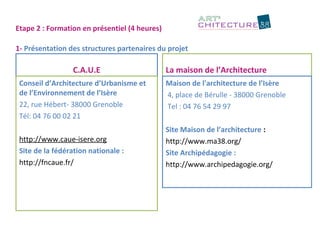 Etape 2 : Formation en présentiel (4 heures) 
1- Présentation des structures partenaires du projet 
C.A.U.E 
Conseil d’Architecture d’Urbanisme et 
de l’Environnement de l’Isère 
22, rue Hébert- 38000 Grenoble 
Tél: 04 76 00 02 21 
http://www.caue-isere.org 
Site de la fédération nationale : 
http://fncaue.fr/ 
La maison de l’Architecture 
Maison de l'architecture de l’Isère 
4, place de Bérulle - 38000 Grenoble 
Tel : 04 76 54 29 97 
Site Maison de l’architecture : 
http://www.ma38.org/ 
Site Archipédagogie : 
http://www.archipedagogie.org/ 
 