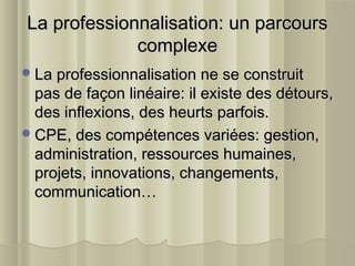 La professionnalisation: un parcoursLa professionnalisation: un parcours
complexecomplexe
La professionnalisation ne se construitLa professionnalisation ne se construit
pas de façon linéaire: il existe des détours,pas de façon linéaire: il existe des détours,
des inflexions, des heurts parfois.des inflexions, des heurts parfois.
CPE, des compétences variées: gestion,CPE, des compétences variées: gestion,
administration, ressources humaines,administration, ressources humaines,
projets, innovations, changements,projets, innovations, changements,
communication…communication…
 