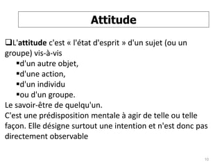 Attitude
L'attitude c'est « l'état d'esprit » d'un sujet (ou un
groupe) vis-à-vis
d'un autre objet,
d'une action,
d'un individu
ou d'un groupe.
Le savoir-être de quelqu'un.
C'est une prédisposition mentale à agir de telle ou telle
façon. Elle désigne surtout une intention et n'est donc pas
directement observable
10
 