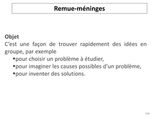 Remue-méninges
Objet
C’est une façon de trouver rapidement des idées en
groupe, par exemple
pour choisir un problème à étudier,
pour imaginer les causes possibles d’un problème,
pour inventer des solutions.
106
 