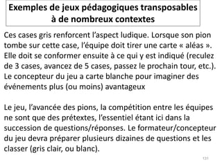 Ces cases gris renforcent l’aspect ludique. Lorsque son pion
tombe sur cette case, l’équipe doit tirer une carte « aléas ».
Elle doit se conformer ensuite à ce qui y est indiqué (reculez
de 3 cases, avancez de 5 cases, passez le prochain tour, etc.).
Le concepteur du jeu a carte blanche pour imaginer des
événements plus (ou moins) avantageux
Le jeu, l’avancée des pions, la compétition entre les équipes
ne sont que des prétextes, l’essentiel étant ici dans la
succession de questions/réponses. Le formateur/concepteur
du jeu devra préparer plusieurs dizaines de questions et les
classer (gris clair, ou blanc).
Exemples de jeux pédagogiques transposables
à de nombreux contextes
131
 