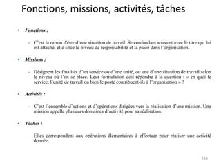 Fonctions, missions, activités, tâches
• Fonctions :
– C’est la raison d'être d’une situation de travail. Se confondant souvent avec le titre qui lui
est attaché, elle situe le niveau de responsabilité et la place dans l’organisation.
• Missions :
– Désignent les finalités d’un service ou d’une unité, ou une d’une situation de travail selon
le niveau où l’on se place. Leur formulation doit répondre à la question : « en quoi le
service, l’unité de travail ou bien le poste contribuent-ils à l’organisation » ?
• Activités :
– C’est l’ensemble d’actions et d’opérations dirigées vers la réalisation d’une mission. Une
mission appelle plusieurs domaines d’activité pour sa réalisation.
• Tâches :
– Elles correspondent aux opérations élémentaires à effectuer pour réaliser une activité
donnée.
149
 