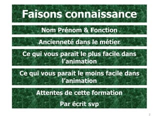 Faisons connaissance
Nom Prénom & Fonction
Ancienneté dans le métier
Attentes de cette formation
Par écrit svp
Ce qui vous parait le plus facile dans
l’animation
Ce qui vous parait le moins facile dans
l’animation
2
 