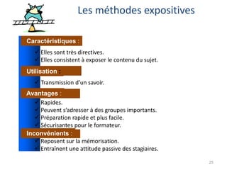 25
Les méthodes expositives
Caractéristiques :
Utilisation :
Avantages :
Inconvénients :
 Elles sont très directives.
 Elles consistent à exposer le contenu du sujet.
 Transmission d’un savoir.
 Rapides.
 Peuvent s’adresser à des groupes importants.
 Préparation rapide et plus facile.
 Sécurisantes pour le formateur.
 Reposent sur la mémorisation.
 Entraînent une attitude passive des stagiaires.
 