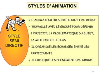 STYLE
SEMI
DIRECTIF
 L’ ANIMATEUR PRESENTE L’ OBJET DU DEBAT
 TRAVAILLE AVEC LE GROUPE POUR DEFINIR
l’ OBJECTIF, LA PROBLEMATIQUE DU SUJET,
LA METHODE ET LE PLAN
 IL ORGANISE LES ECHANGES ENTRE LES
PARTICIPANTS
 IL EXPLIQUE LES PHENOMENES DU GROUPE
36
STYLES D’ ANIMATION
 